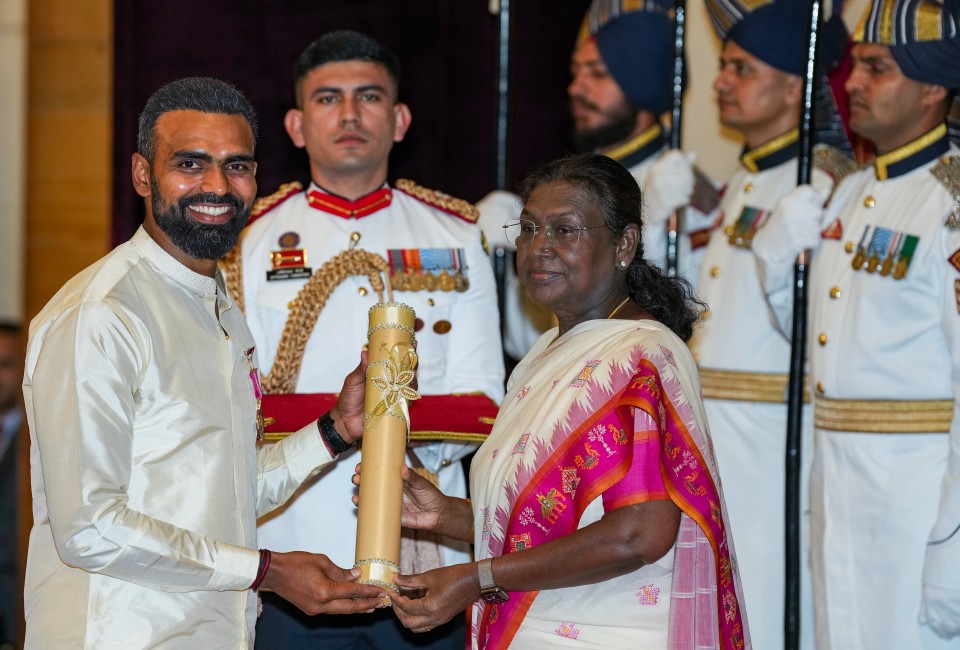 Former hockey player PR Sreejesh upon receiving the Padma Bhushan during the Civil Investiture Ceremony-I at Rashtrapati Bhavan, in New Delhi Former hockey player PR Sreejesh upon receiving the Padma Bhushan during the Civil Investiture Ceremony-I at Rashtrapati Bhavan, in New Delhi