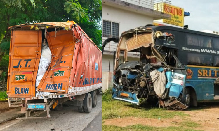 Luxury bus with 40 passengers collides with lorry near Vaniyambadi; all safe