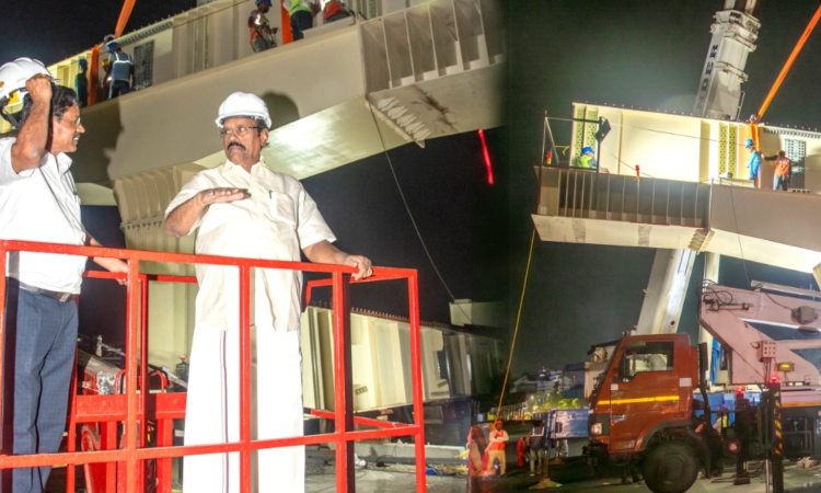 PWD and Highway Minister EV Velu inspects night-time steel girder installation for Teynampet–Saidapet flyover project
